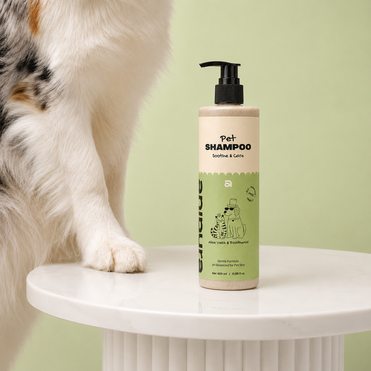 ANIPURA Pet Shampoo Aloe Vera & Panthenol beside a dog