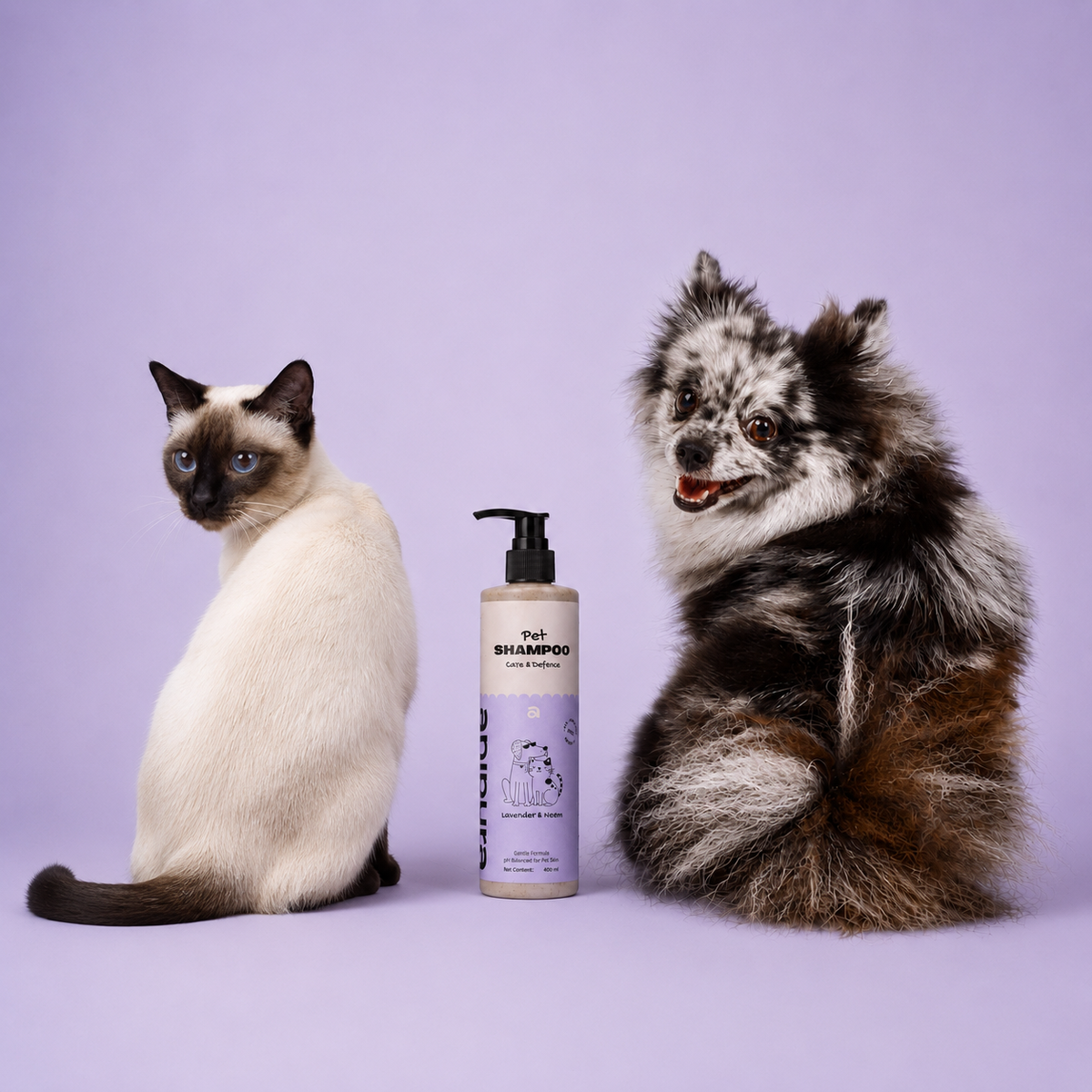 ANIPURA Pet Shampoo Lavender & Neem beside a dog and cat