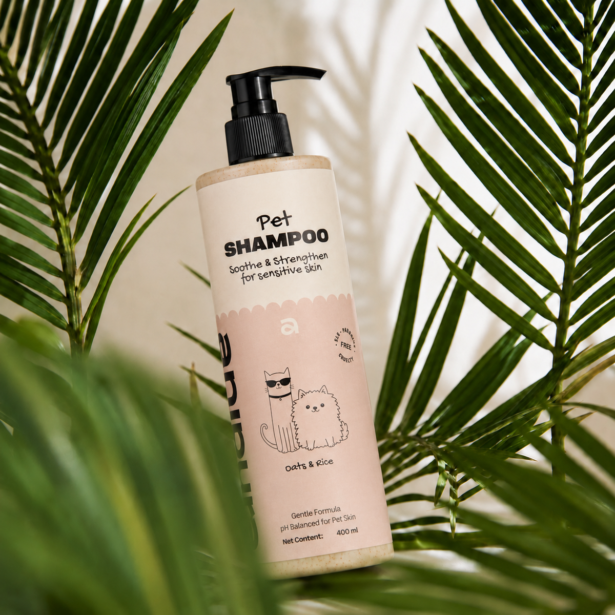 ANIPURA Pet Shampoo Oats & Rice among palm leaves